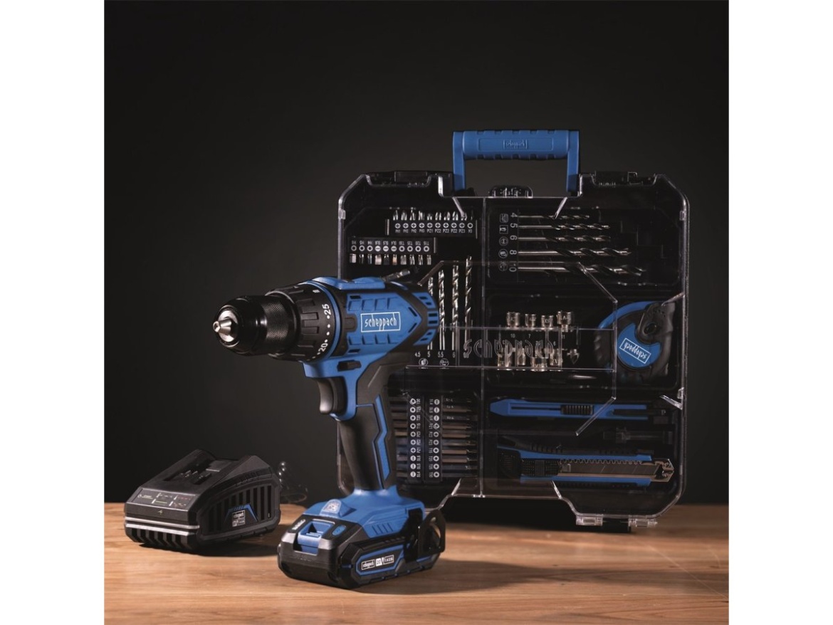 20 V IXES set aku vrtacího šroubováku a 74 ks příslušenství Scheppach C-DTB74/1-X