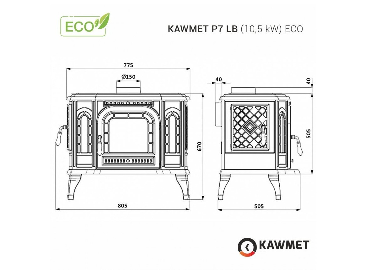 Litinová krbová kamna Kawmet P7 LB - 10,5 kW ECO