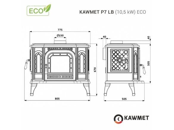 Litinová krbová kamna Kawmet P7 LB - 10,5 kW ECO