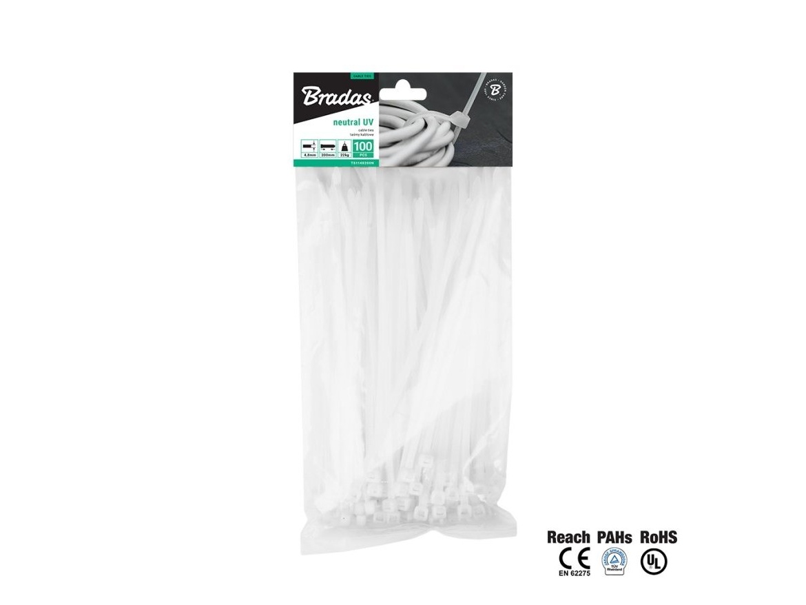 Bradas Stahovací pásky plastové 3,6x300mm  UV NEUTRAL - 100ks
