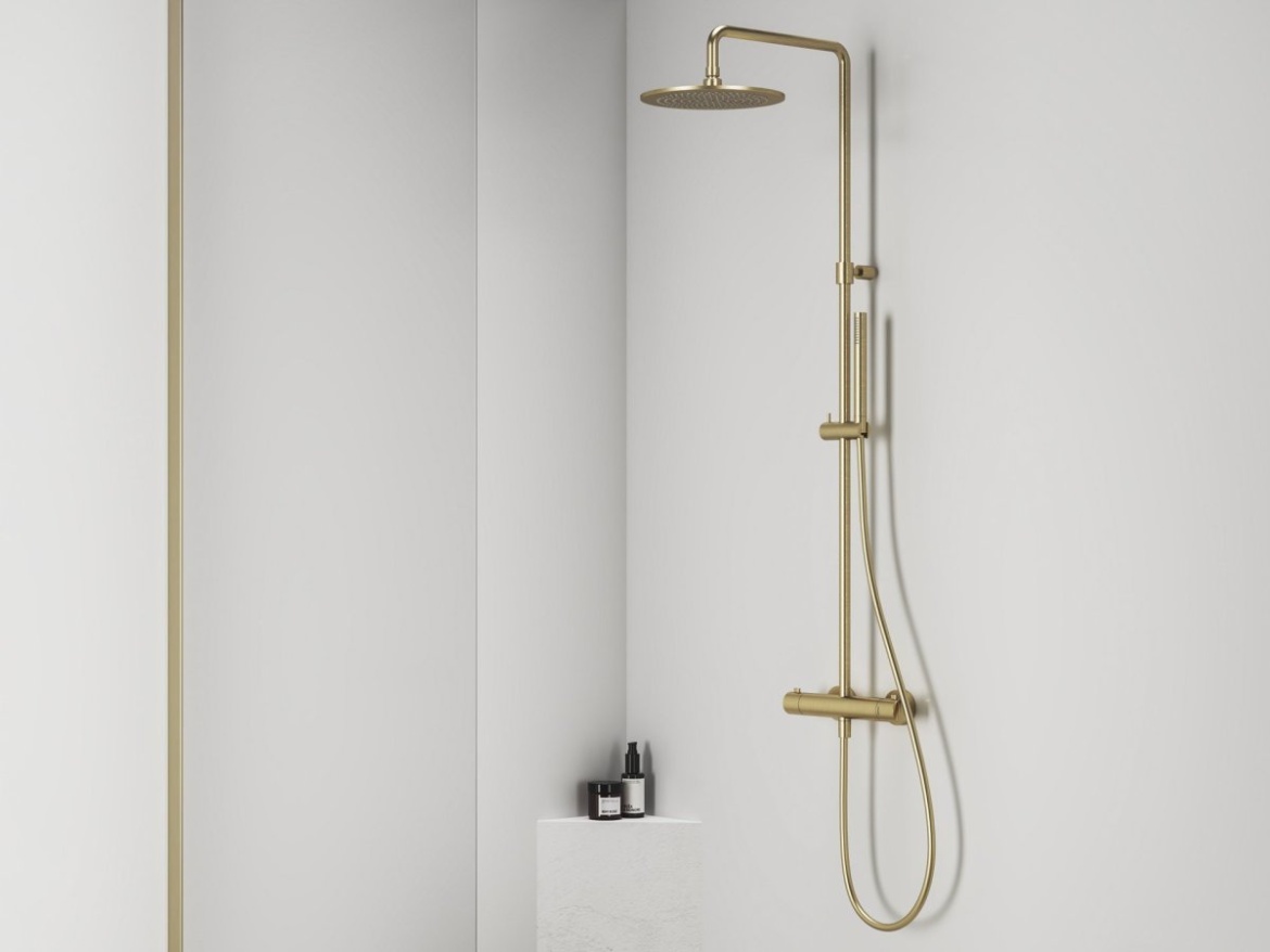 Ravak ES 091.60GLB Sprchový sloup s termostatickou baterií, posuvný, se sprchovým setem, Gold Brushed