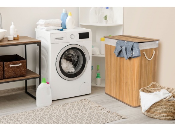 G21 Koš na prádlo  105 l s rozdělovačem, bambusový s bílým košem