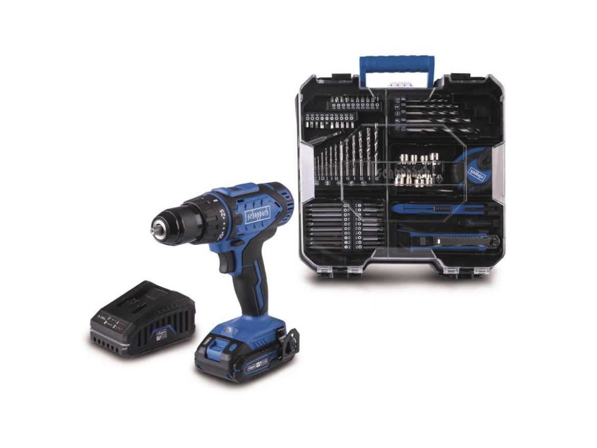 20 V IXES set aku vrtacího šroubováku a 74 ks příslušenství Scheppach C-DTB74/1-X