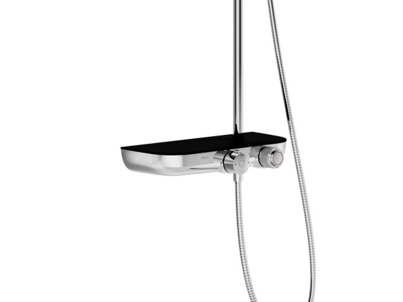 Ravak TE 094.02CR/BL Sprchový stĺp s termostatickou batériou, posuvný, s funkciou Stop, s poličkou, so sprchovým setom, chróm/čierna