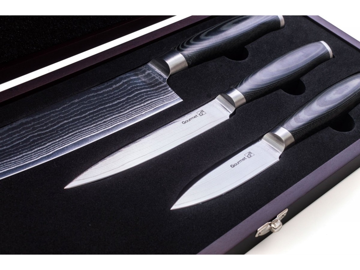 G21 Sada nožů  Gourmet Damascus v bambusovém bloku 5 ks + brusný kámen