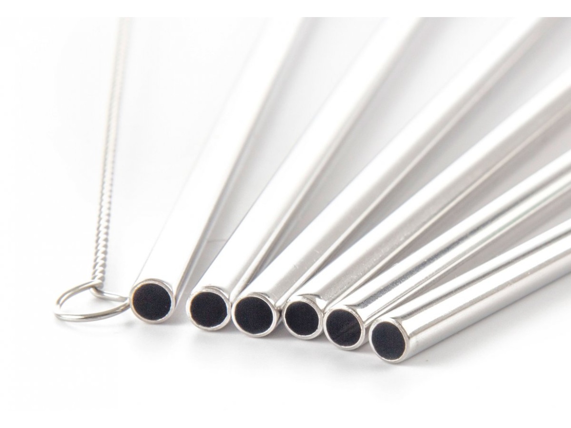 G21 Kovová brčka  BeEco Party 6 ks stříbrná, zahnutá + kartáček na čištění