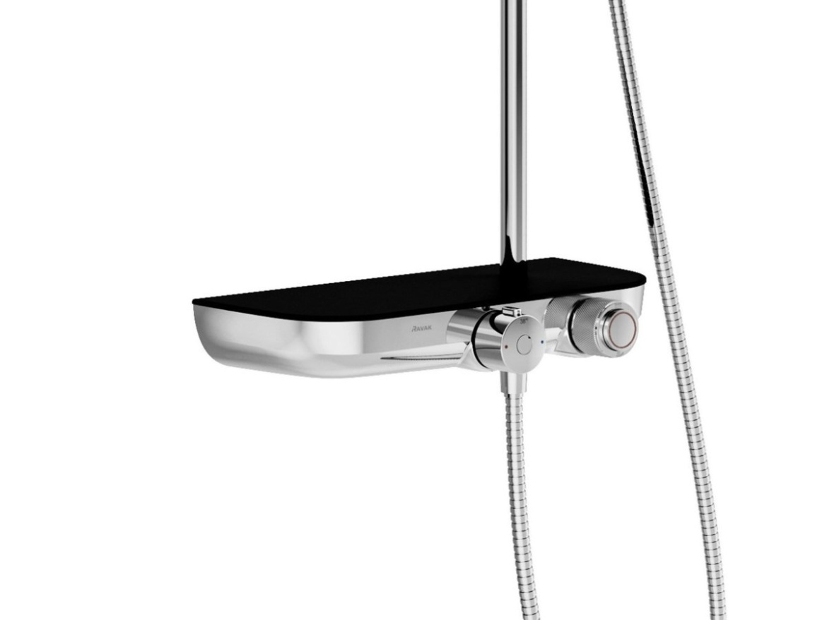 Ravak TE 094.02CR/BL Sprchový sloup s termostatickou baterií, posuvný, s funkcí Stop, s poličkou, se sprchovým setem, chrom/černá