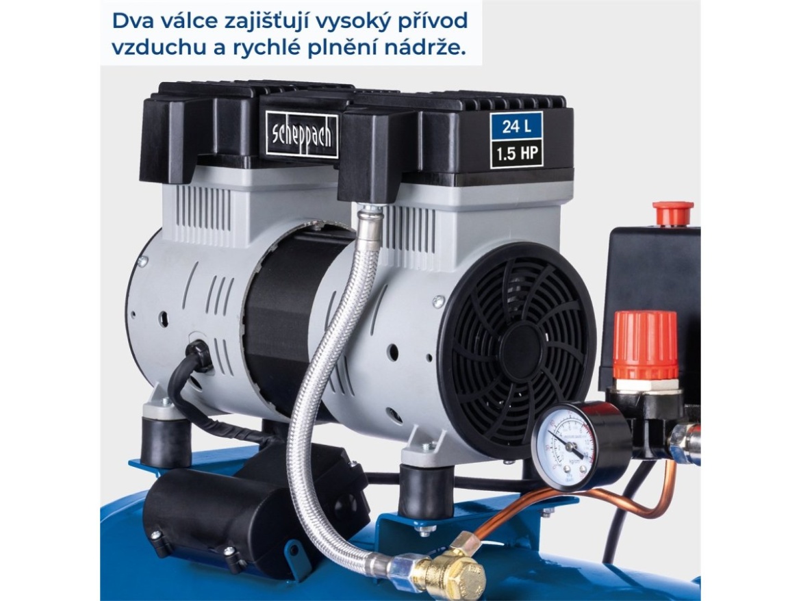 Ultra tichý bezolejový dvouválcový kompresor 24 l Scheppach HC 26 Si