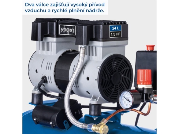 Ultra tichý bezolejový dvouválcový kompresor 24 l Scheppach HC 26 Si