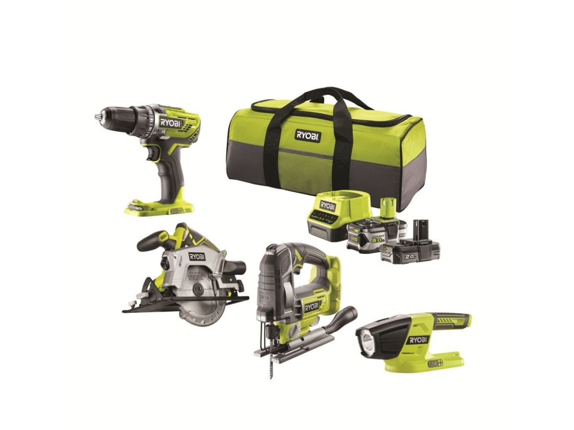 Aku 18 V set (R18DD3 + RWSL1801 + R18JS + R18T + 1 x 5,0 Ah + 1 x 2 Ah baterie + nabíječka) Ryobi RYOBI R18CK4A-252S