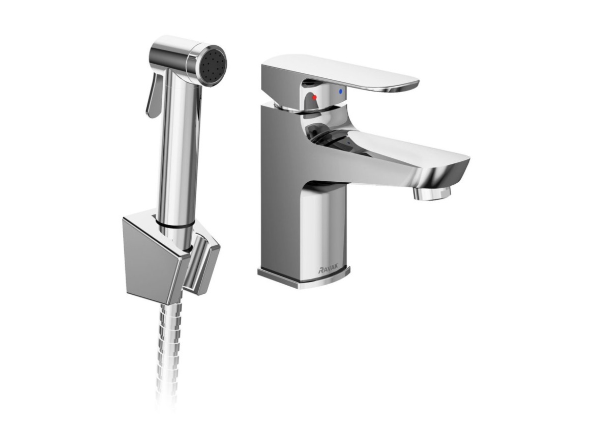 Ravak BM 011.01CR Umyvadlová stojánková baterie 144 mm s bidetovou sprškou a držákem na zeď, bez výpusti, chrom