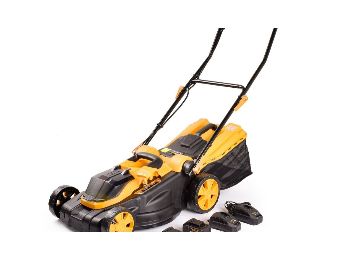 Akkus fűnyíró 2x20 V + 2x 4 Ah akkumulátor + 2x 2,4 A töltő Riwall PRO RALM 3820 SET