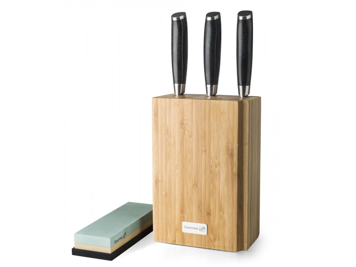 G21 Sada nožů  Gourmet Damascus v bambusovém bloku 3 ks + brusný kámen