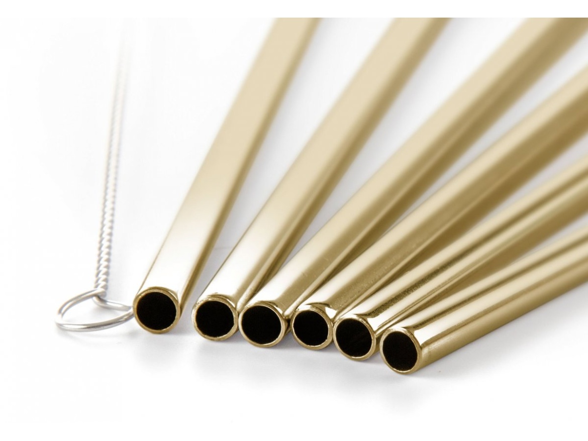 G21 Kovová brčka  BeEco Party 6 ks zlatá, zahnutá + kartáček na čištění