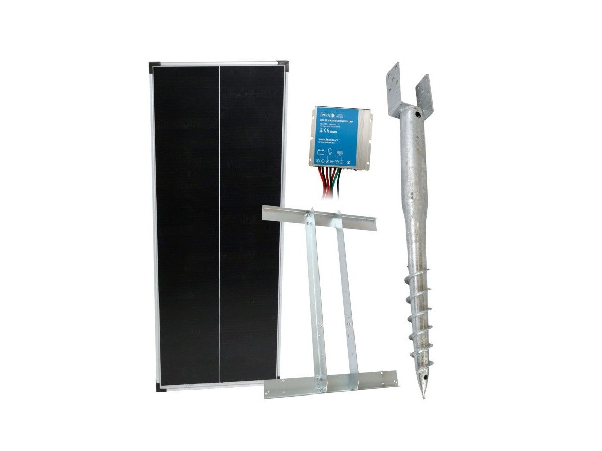 Scobax Základní sada solární napájení ohradníku, panel 100 W, držák zemní vrut, konzole, regulátor 10 A