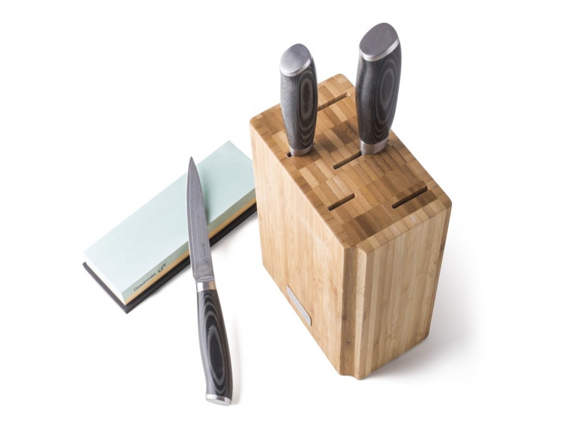 G21 Sada nožů  Gourmet Damascus v bambusovém bloku 3 ks + brusný kámen