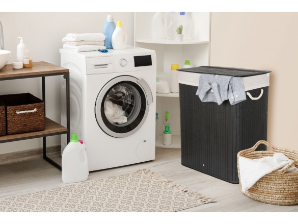 G21 Koš na prádlo  105 l s rozdělovačem, bambusový černý s bílým košem