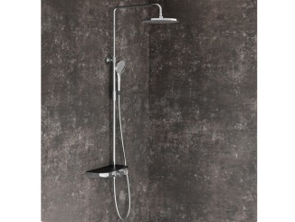 Sprchové sloupy –  Ravak TE 094.02CR/BL Sprchový stĺp s termostatickou batériou, posuvný, s funkciou Stop, s poličkou, so sprchovým setom, chróm/čierna