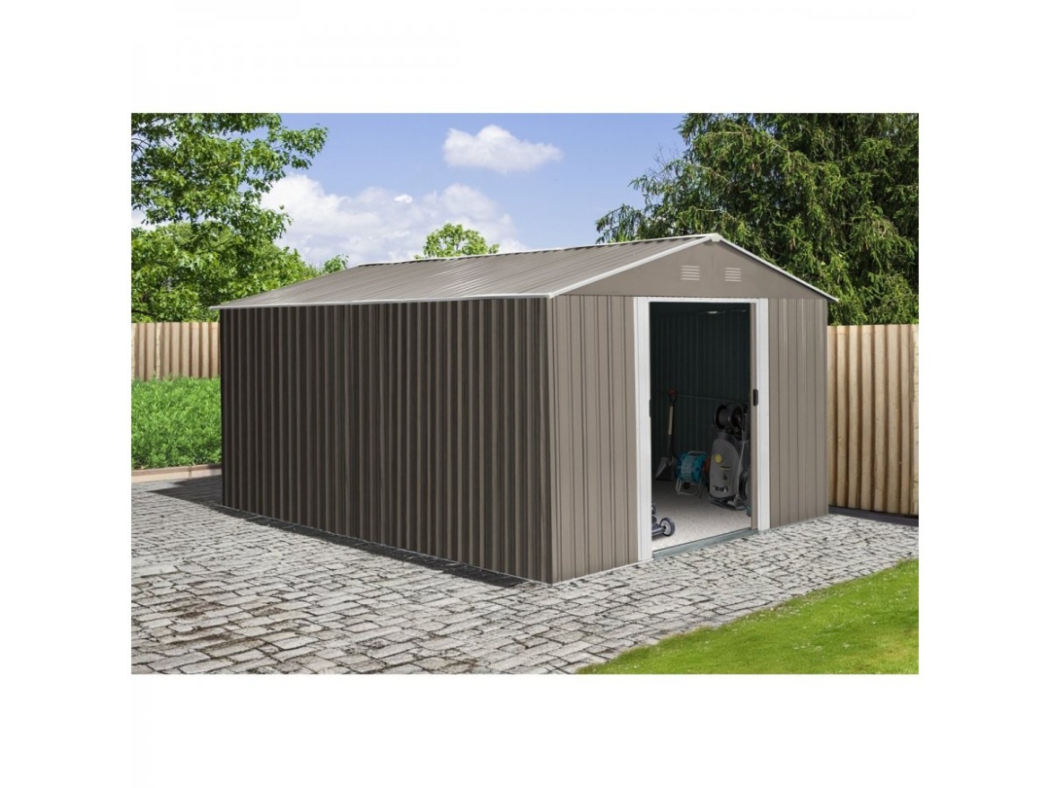 Zahradní domek kovový 3 x 3,7 m se sedlovou střechou hnědý Riwall PRO RMSA 12x10 Brown