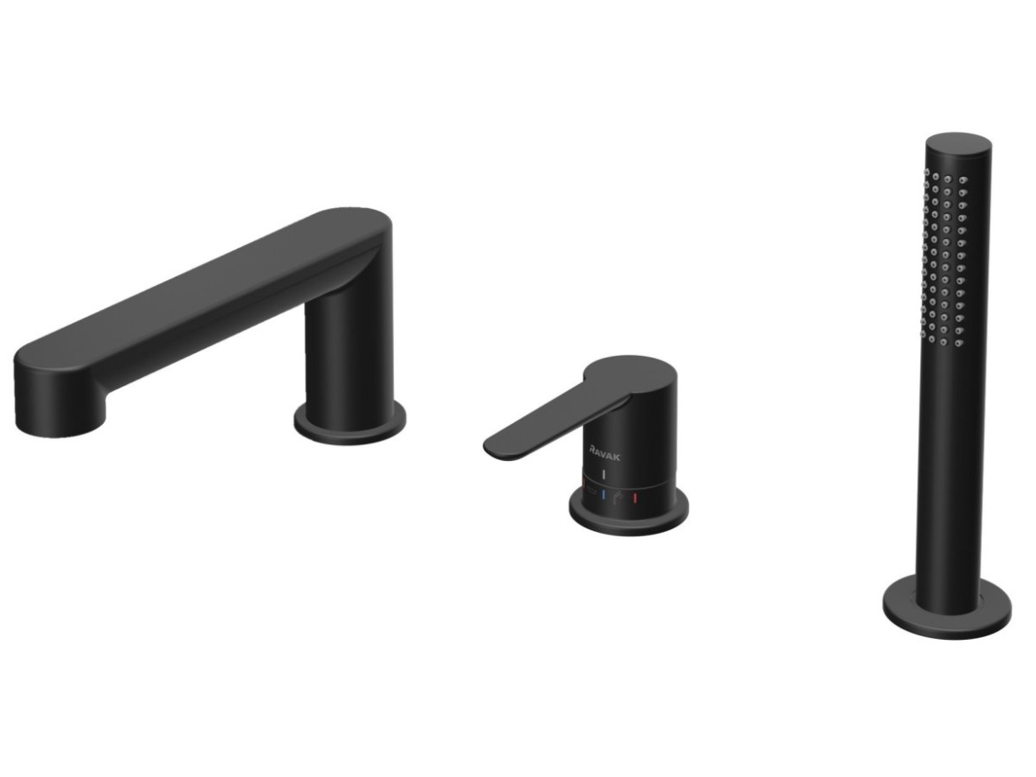 Ravak PU 026.20BL Vaňová 3-otvorová batéria na okraj vane so sprchovým setom, čierna