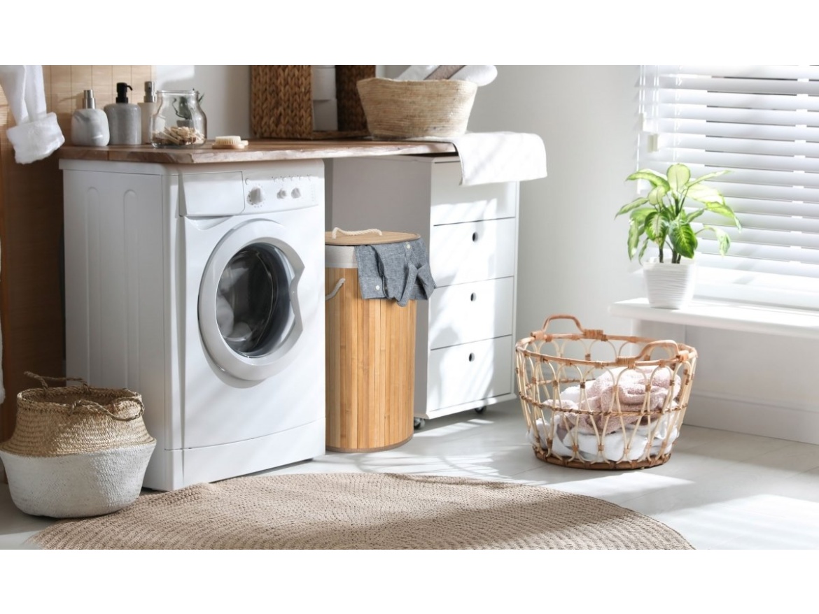 G21 Koš na prádlo  55 l, bambusový kulatý s bílým košem