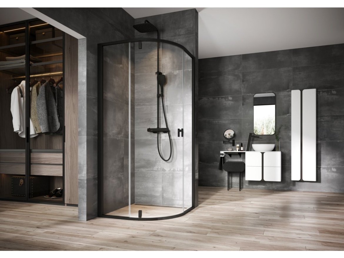 Ravak TD F 091.20BL Sprchový stĺp s termostatickou batériou, posuvný, so sprchovým setom, čierna