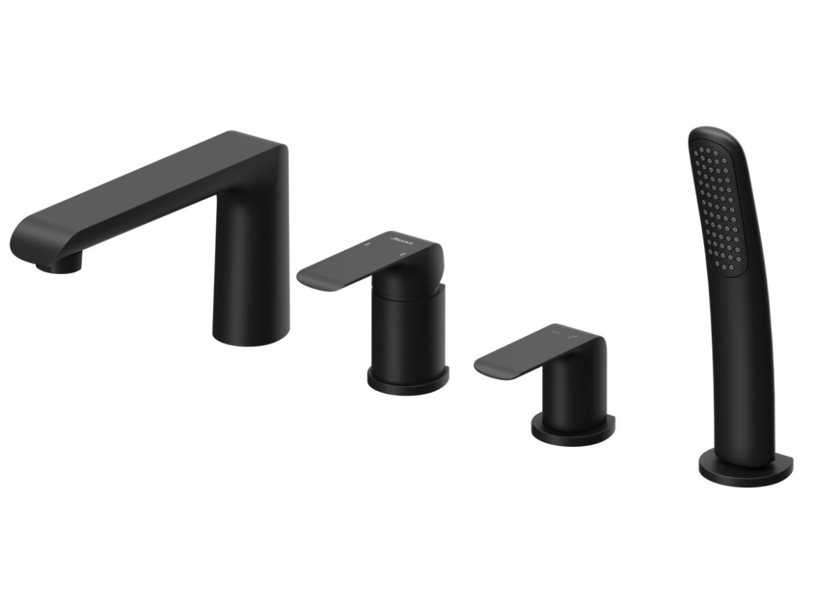 Ravak FL 026.20BL Vaňová 4-otvorová batéria na okraj vane so sprchovým setom, čierna