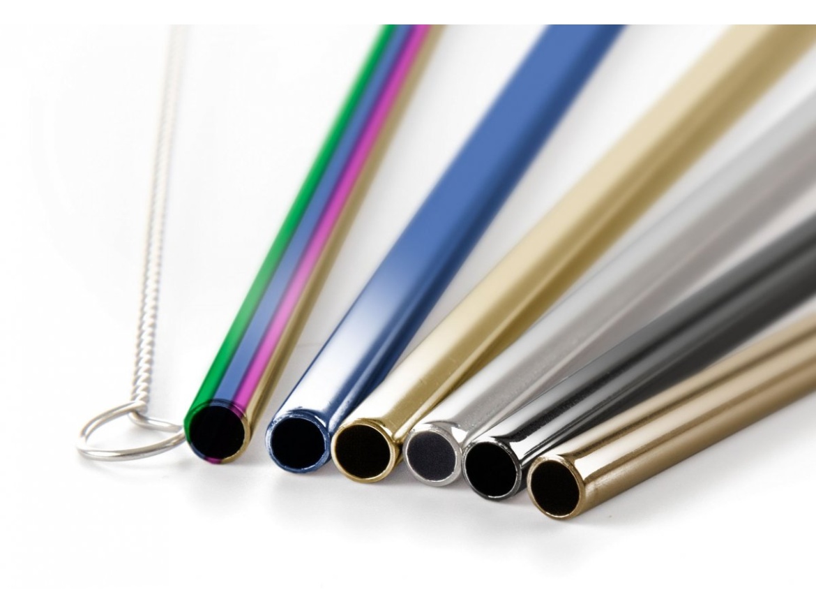 G21 Kovová brčka  BeEco Party 6 ks mix barev, zahnutá + kartáček na čištění