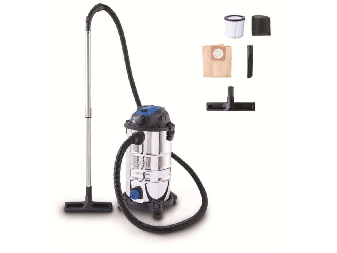 Průmyslový vysavač na suché/mokré vysávání 30 l s funkcí podtlakového čištění filtru Scheppach VC 30P-GL