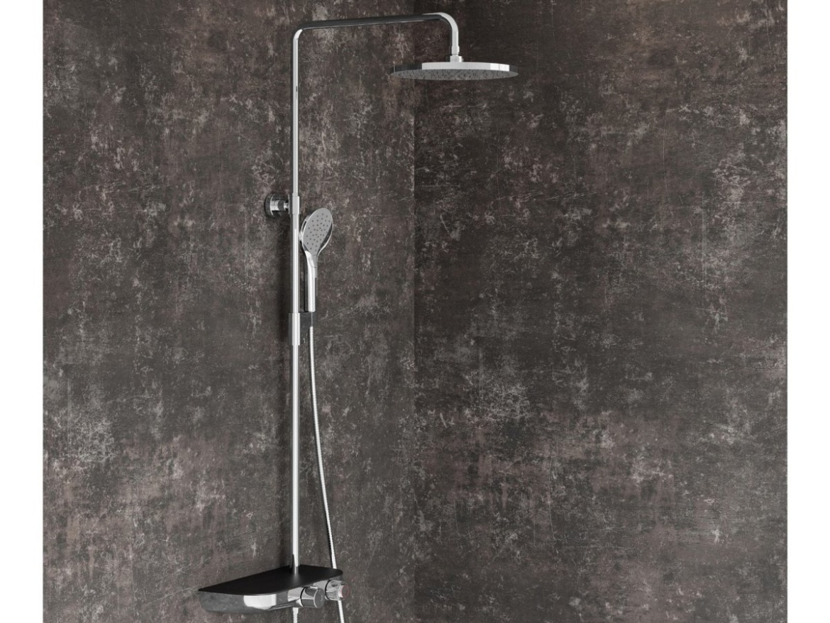 Ravak TE 094.02CR/BL Sprchový stĺp s termostatickou batériou, posuvný, s funkciou Stop, s poličkou, so sprchovým setom, chróm/čierna