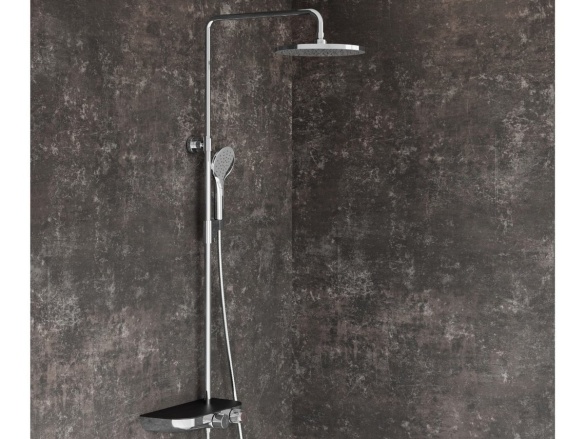 Ravak TE 094.02CR/BL Sprchový stĺp s termostatickou batériou, posuvný, s funkciou Stop, s poličkou, so sprchovým setom, chróm/čierna