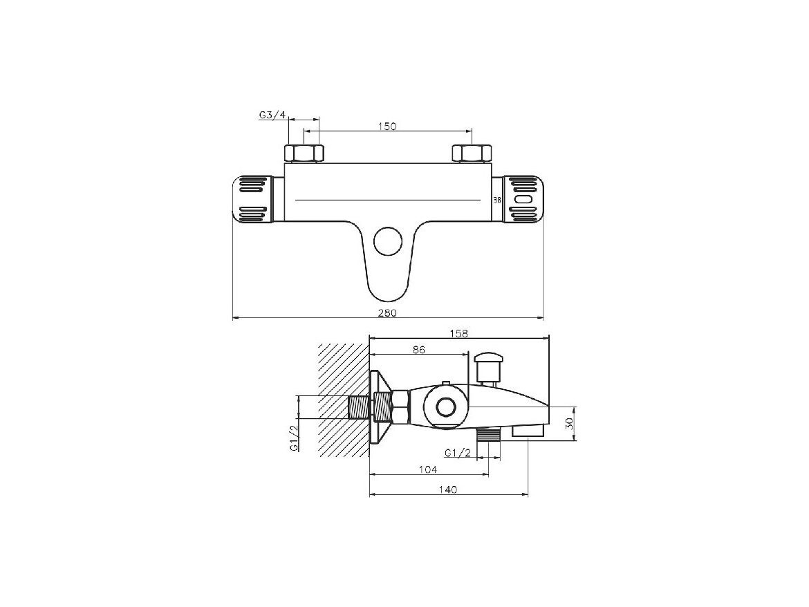 Novaservis Vanová baterie Aquamat 150 mm, chrom, nástěnná, termostatická, bez příslušenství,  2620/1,0