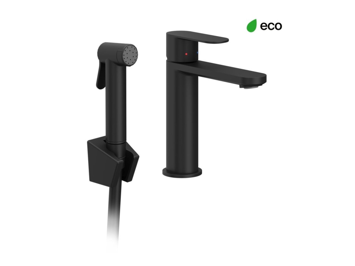 Ravak CR II 112.20BL Umyvadlová stojánková baterie 175 mm s bidetovou sprškou a držákem na zeď, bez výpusti, černá