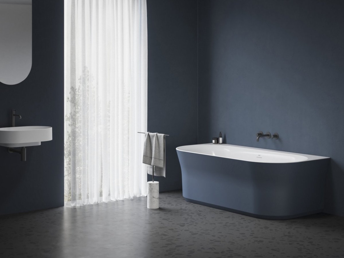 Ravak Vana Ypsilon Wall 178x86, volně stojící, Deepsea Blue/bílá, krytka odtoku bílá/černá/chrom