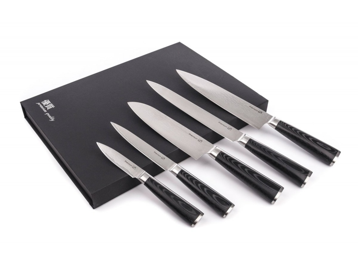 G21 Sada nožů  Damascus Premium v bambusovém bloku, Box, 5 ks + brusný kámen