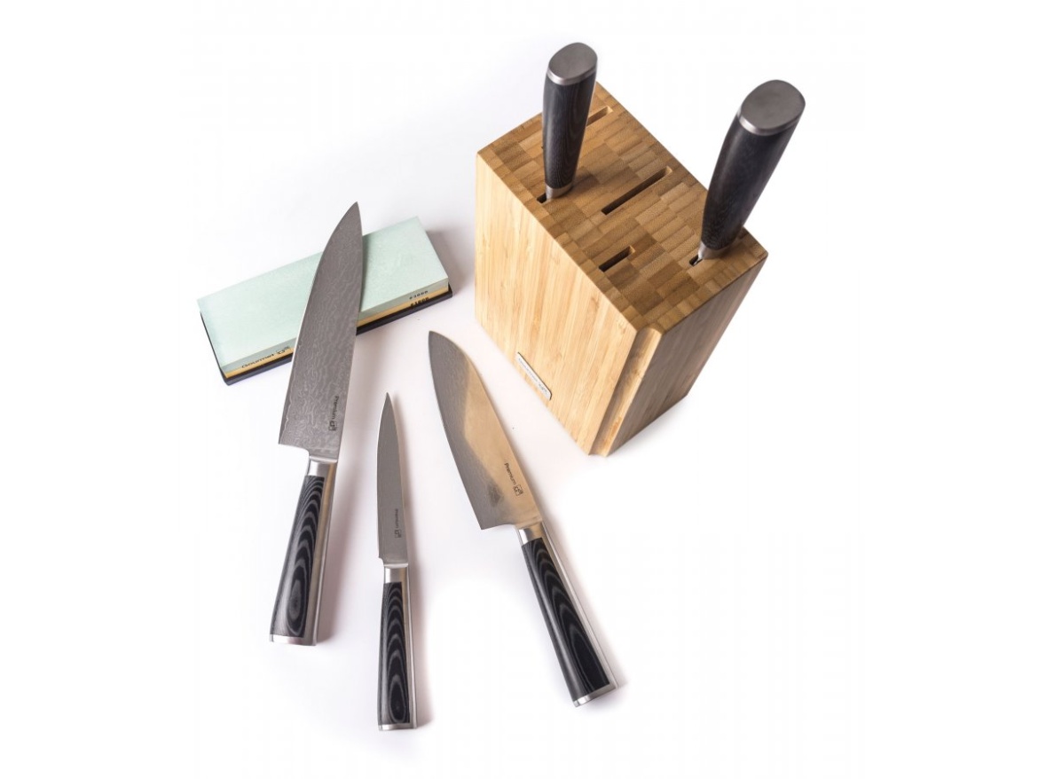 G21 Sada nožů  Damascus Premium v bambusovém bloku, Box, 5 ks + brusný kámen