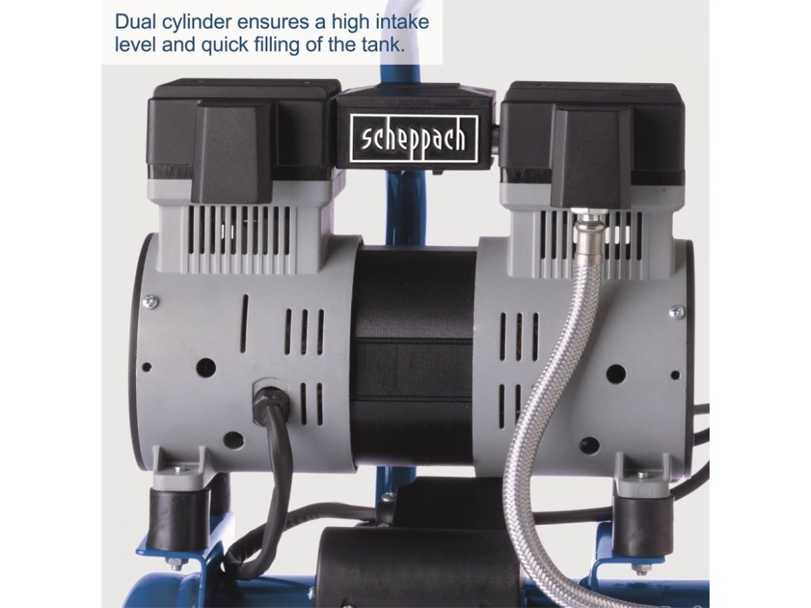 Ultra tichý bezolejový dvouválcový kompresor 6 l Scheppach HC 08 Si