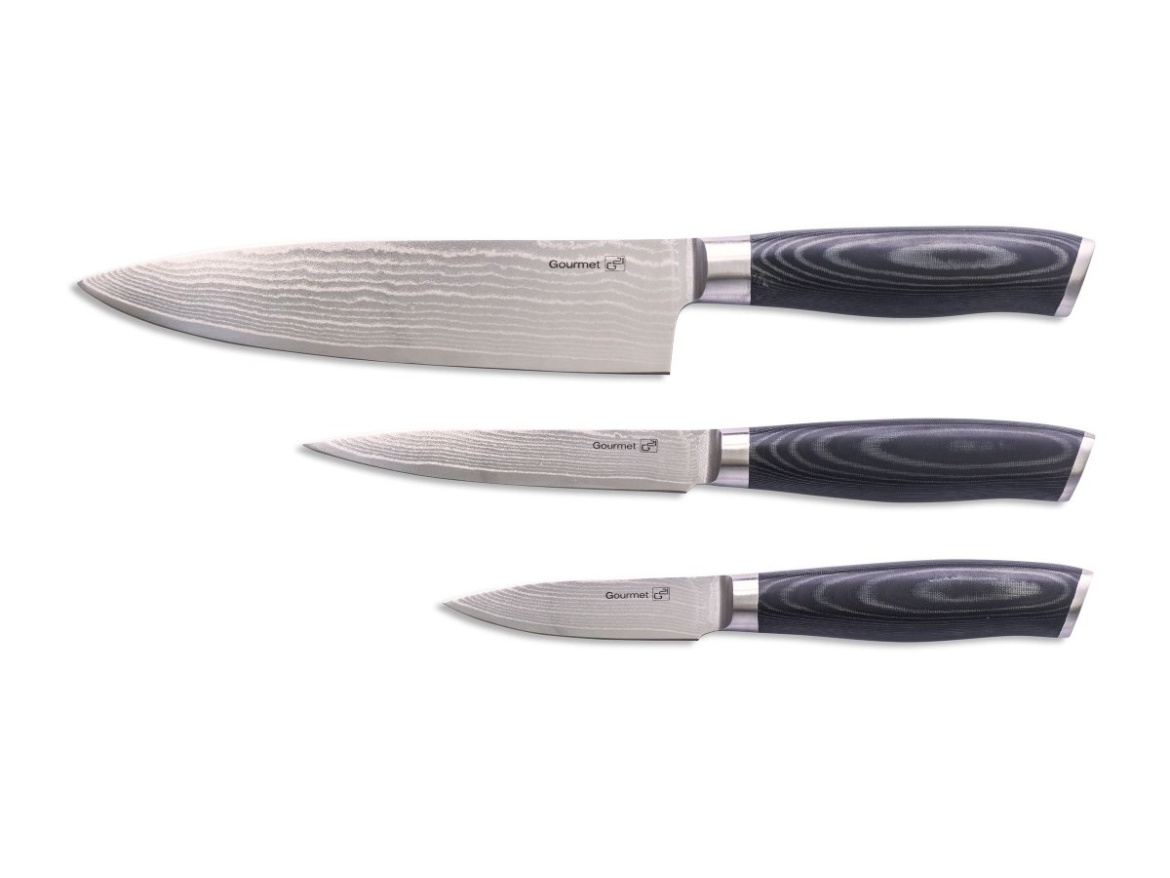 G21 Sada nožů  Gourmet Damascus v bambusovém bloku 3 ks + brusný kámen