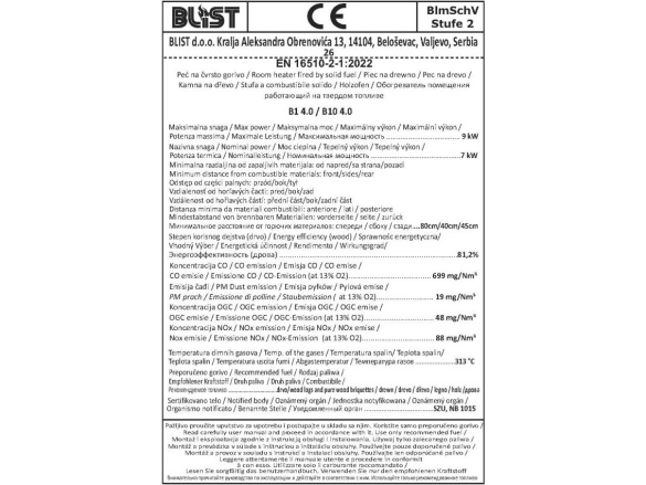 Blist Krbová kamna  B10 - 9kW