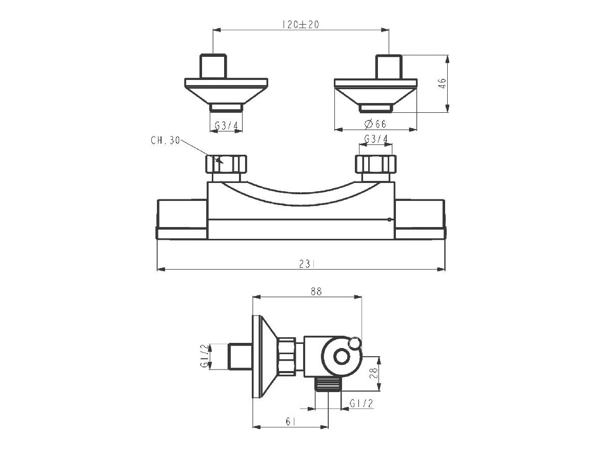 Novaservis Sprchová baterie Aqualight 120 mm, chrom, nástěnná, termostatická, bez příslušenství,  2564/1,0