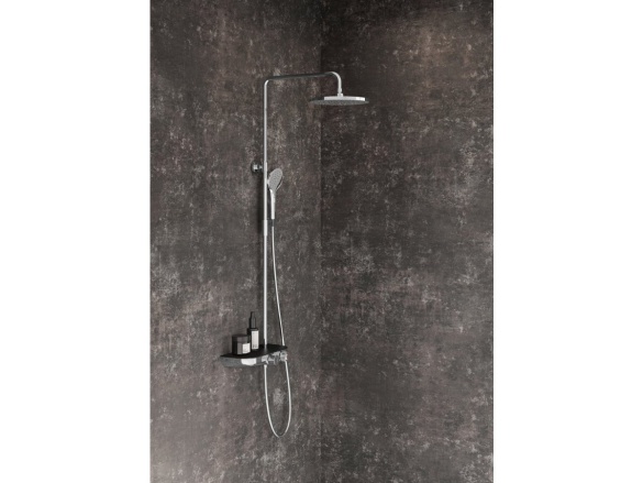 Ravak TE 094.02CR/BL Sprchový sloup s termostatickou baterií, posuvný, s funkcí Stop, s poličkou, se sprchovým setem, chrom/černá