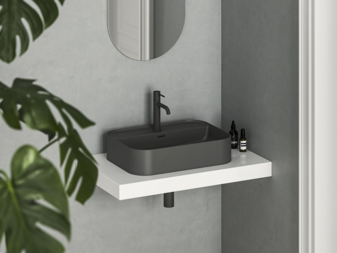 Ravak Umyvadlo Ceramic Slim Shelf R 55, s otvorem pro baterii, s přepadem, antracit