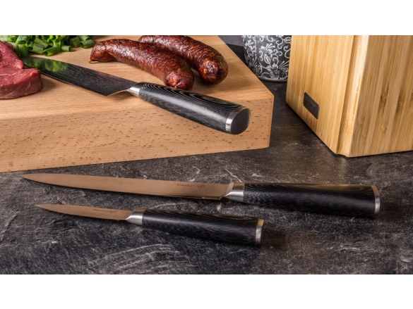 G21 Sada nožů  Damascus Premium v bambusovém bloku, Box, 3 ks + brusný kámen