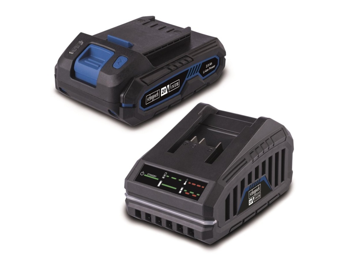20 V IXES set nabíječky 2,4 A a lithium-iontové baterie 2 Ah Scheppach SBSK2.0