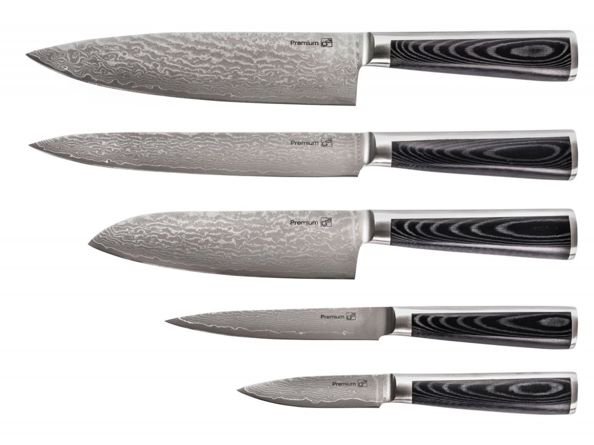 G21 Sada nožů  Damascus Premium v bambusovém bloku, Box, 5 ks + brusný kámen