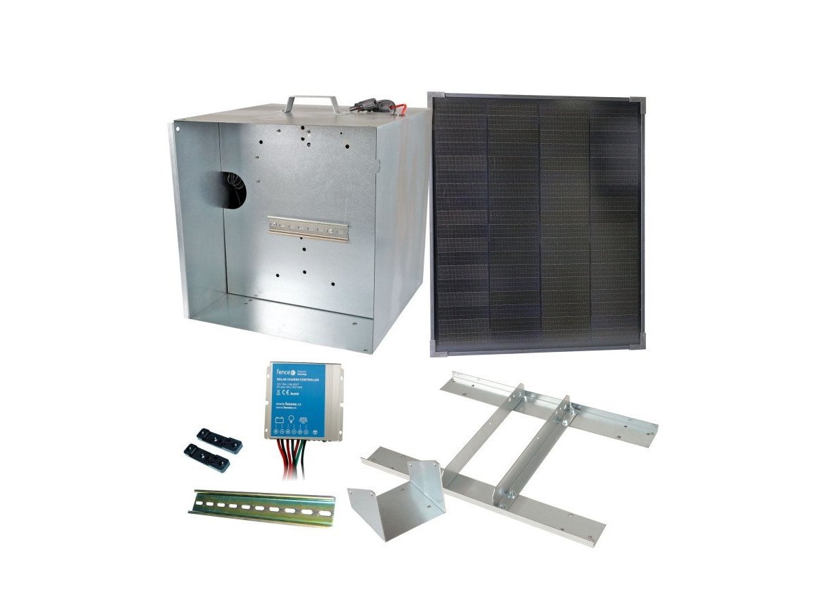 Scobax Základní sada na solární ohradník s přenosnou schránkou, regulátor 10 A, panel 40 W, konzole