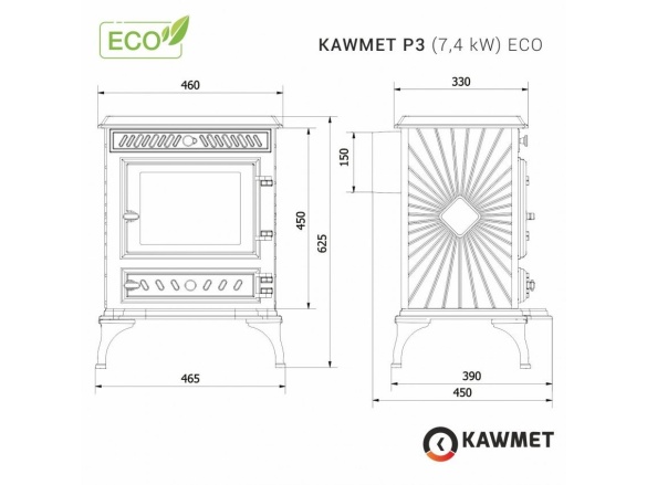 Litinová krbová kamna Kawmet P3 - 7,4 kW ECO