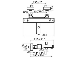 Termostatické – Novaservis Vanová baterie Aquasave 150 mm, chrom, nástěnná, termostatická, bez příslušenství, 2820/1,0