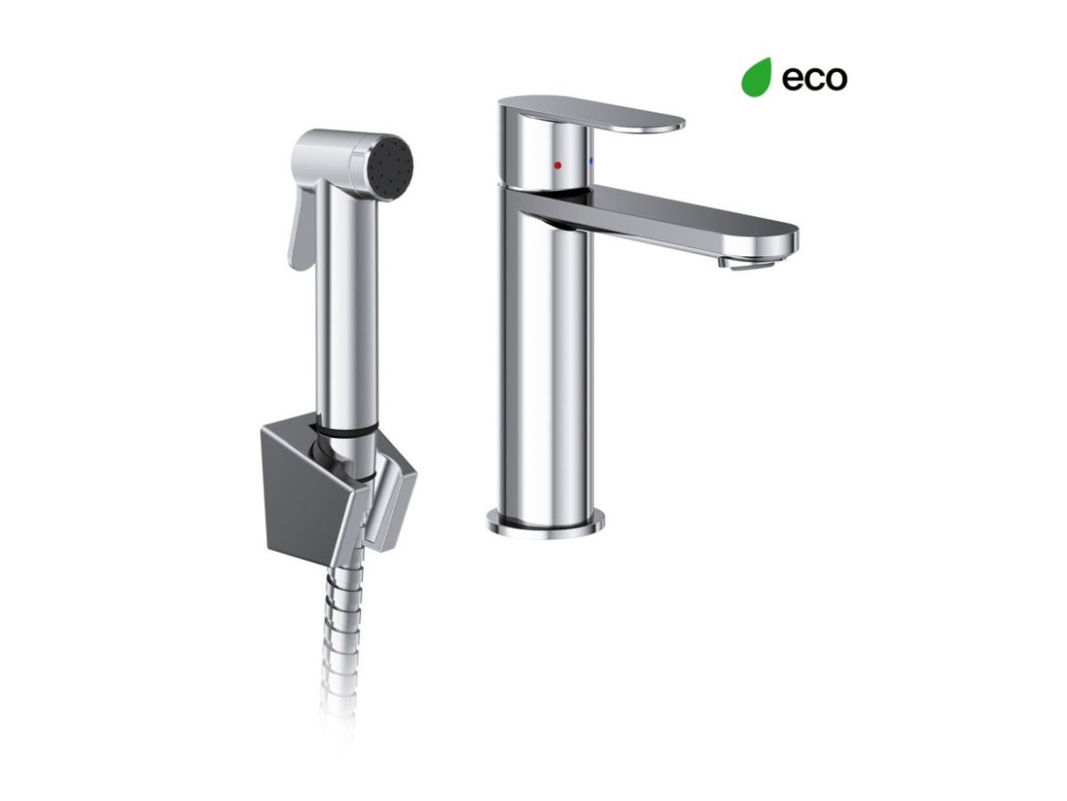 Ravak CR II 112.20BL Umyvadlová stojánková baterie 175 mm s bidetovou sprškou a držákem na zeď, bez výpusti, černá