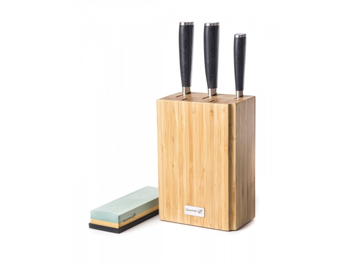 G21 Sada nožů  Damascus Premium v bambusovém bloku, Box, 3 ks + brusný kámen